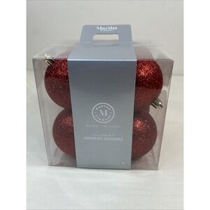 NIB Martha Stewart Home Set Of 8 Red Glitter Shatterproof Ornaments